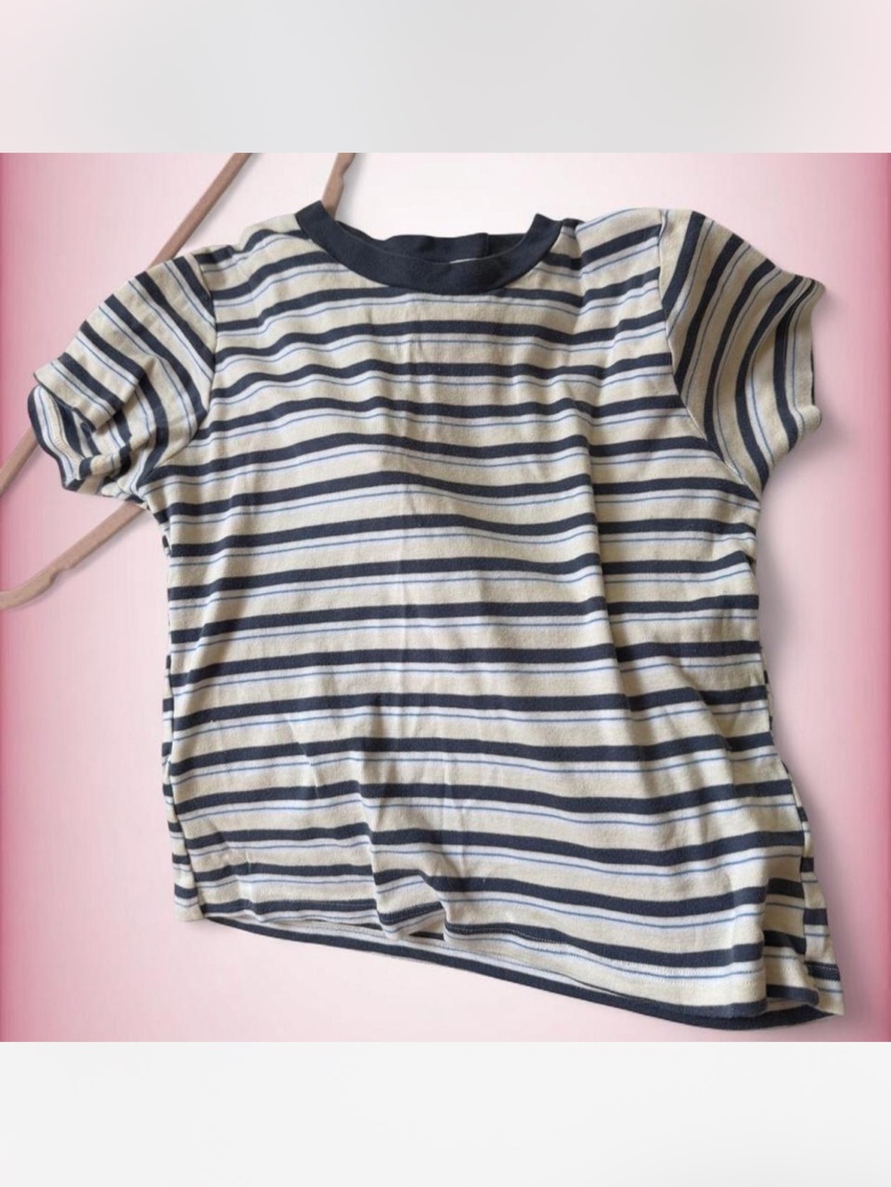 Brandy Melville Kids Navy and Cream Striped Short Sleeve Tee